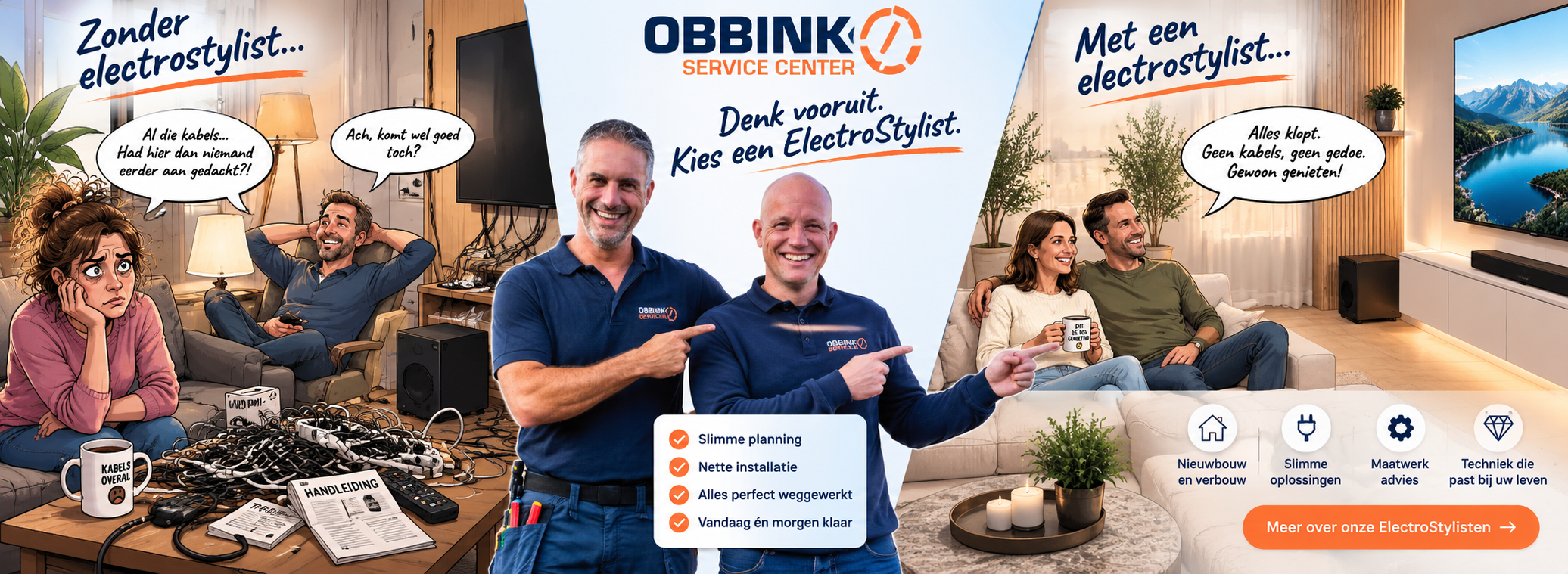 Zonder ElectroStylist: kabels en onhandige oplossingen. Met ElectroStylist: netjes geïntegreerde techniek, met advies van Roy en Dennis.