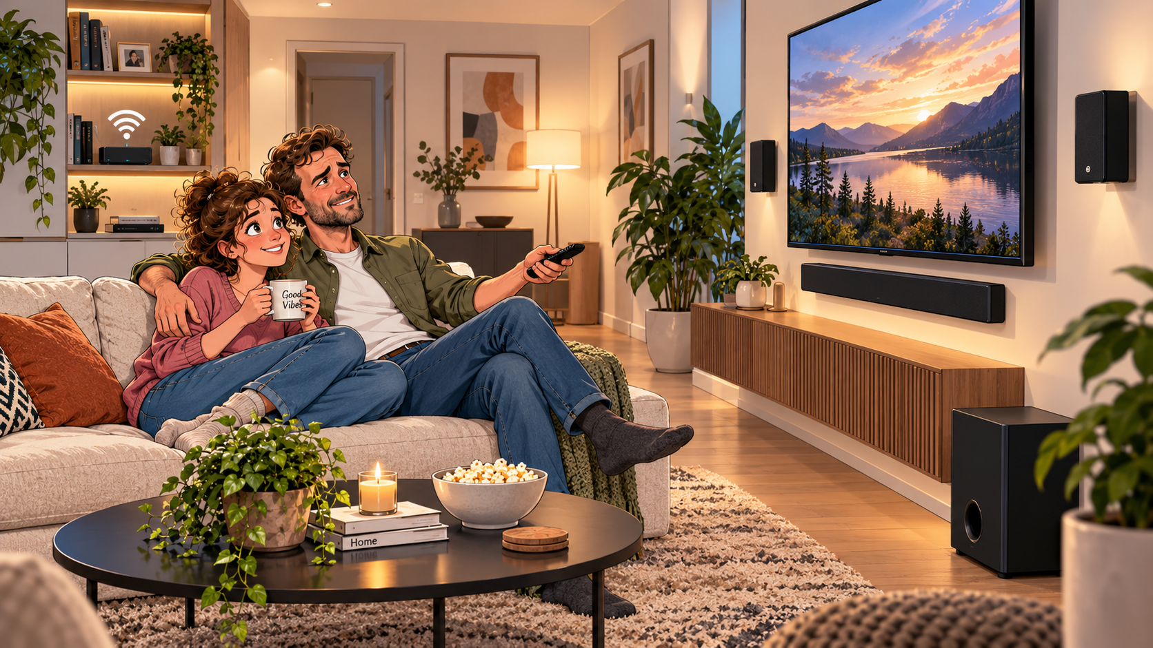 Na vooraf plannen met ElectroStylist genieten bewoners van een netjes geïntegreerde televisie- en audio-opstelling met goede wifi.