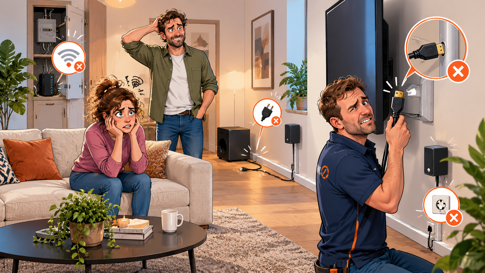 Na de verbouwing blijken wifi, kabels en stopcontacten niet goed voorbereid; techniek vraagt om zichtbare improvisatie.